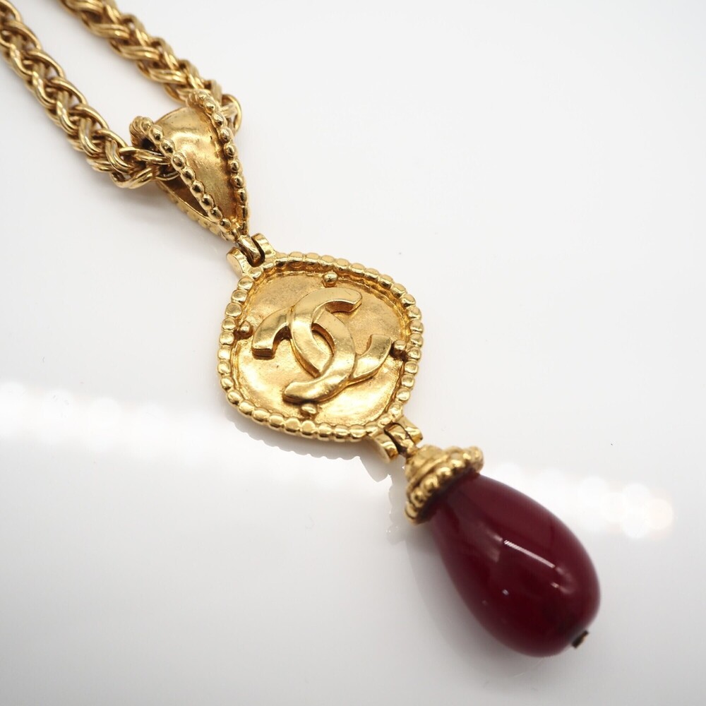 CHANEL Coco Mark Long Necklace, Resin, Gold, Red, GP, Women's - Picture 8 of 10